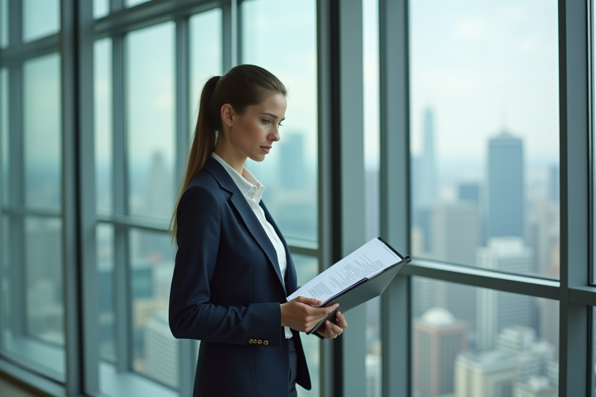 Jeune femme lisant un rapport financier dans un bureau