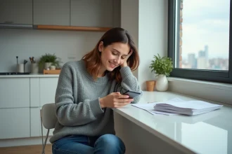 Femme dans une cuisine moderne utilisant son smartphone