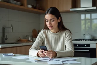 Femme utilisant son smartphone dans une cuisine moderne