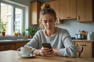 Femme consultant son smartphone avec une expression perplexe, inquiète de ne plus voir le solde de son compte bancaire affiché