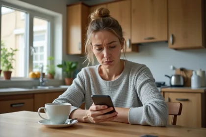 Femme consultant son smartphone avec une expression perplexe, inquiète de ne plus voir le solde de son compte bancaire affiché