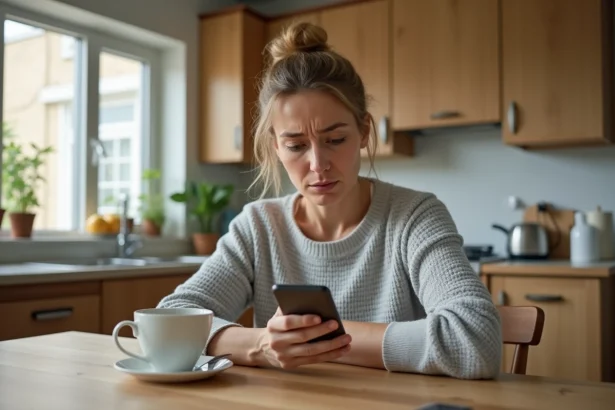 Femme consultant son smartphone avec une expression perplexe, inquiète de ne plus voir le solde de son compte bancaire affiché