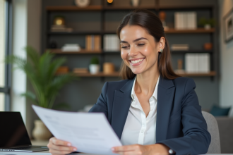 Femme souriante au bureau avec documents et prêt immobilier