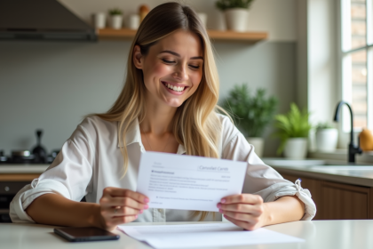 Femme souriante tenant une lettre d'annulation dans une cuisine lumineuse