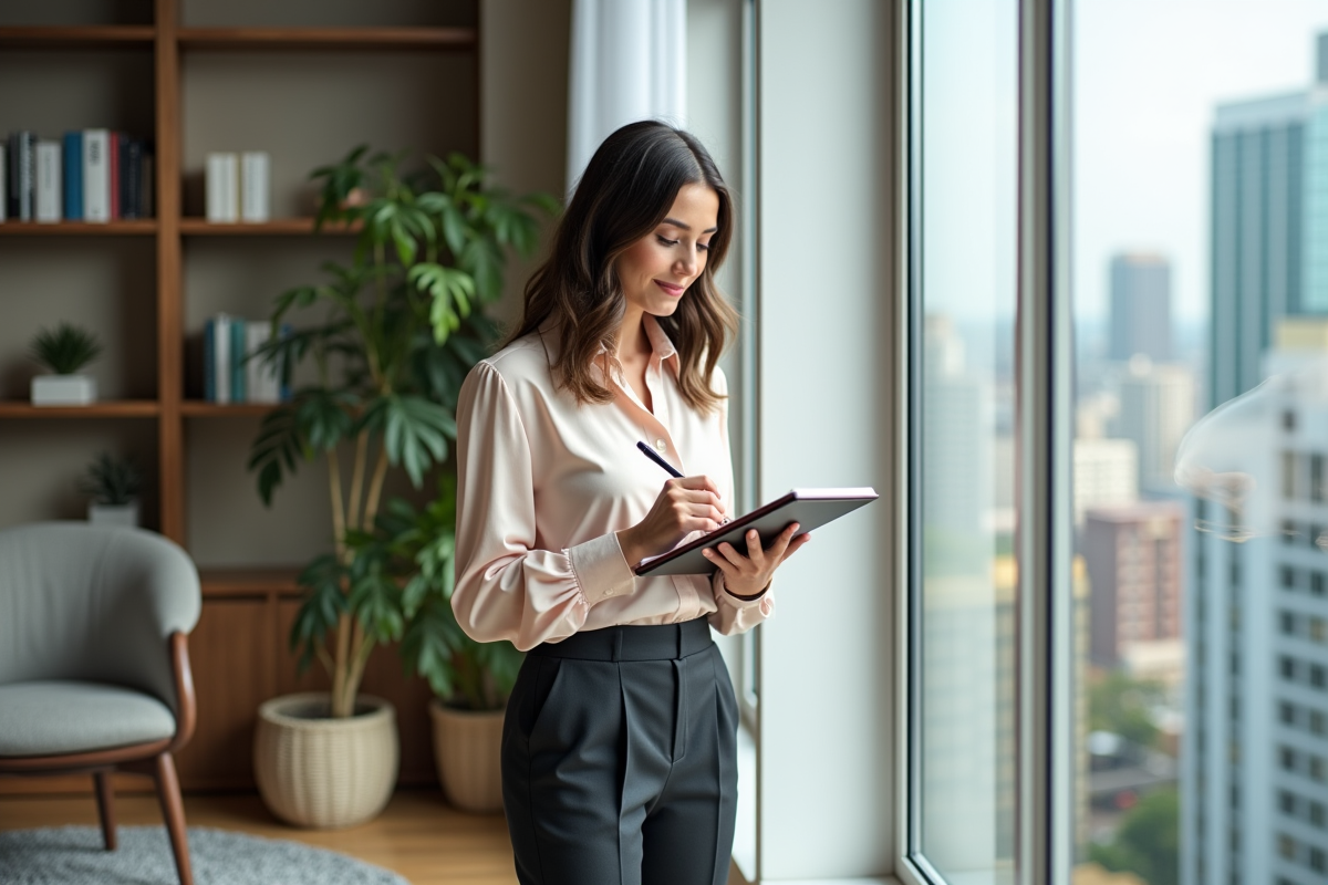 Jeune femme étudiant les tendances boursieres avec un tablette dans un bureau lumineux
