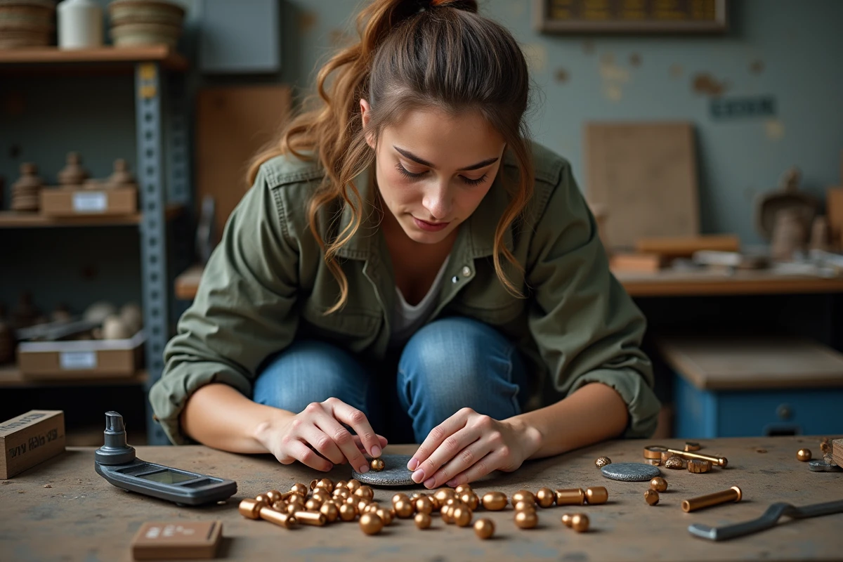 Jeune femme examinant des pièces de bronze dans un atelier