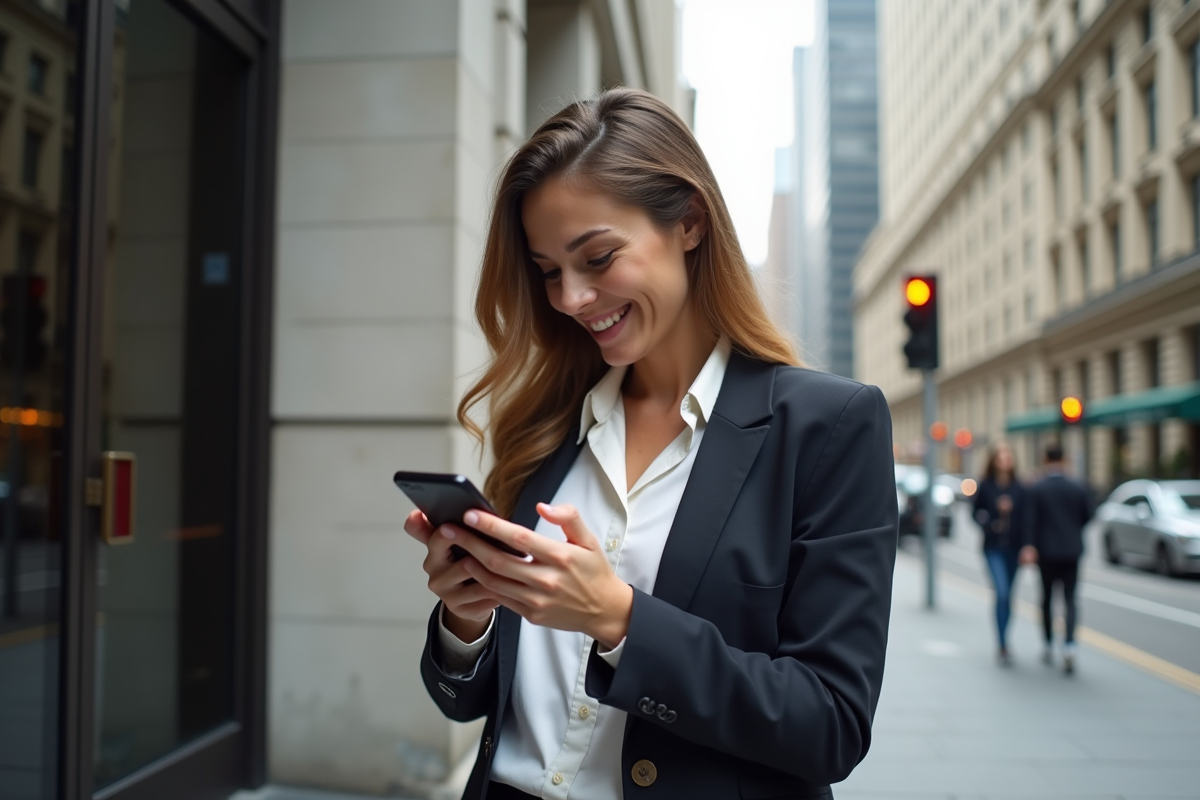 Jeune femme vérifiant la bourse sur son smartphone