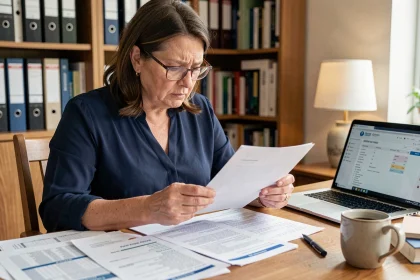 Femme d'âge mûr examinant des documents bancaires et relevés de compte à son bureau pour corriger une erreur de versement administratif