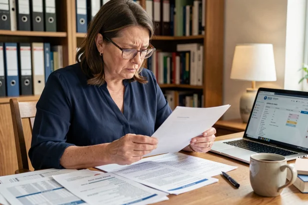 Femme d'âge mûr examinant des documents bancaires et relevés de compte à son bureau pour corriger une erreur de versement administratif