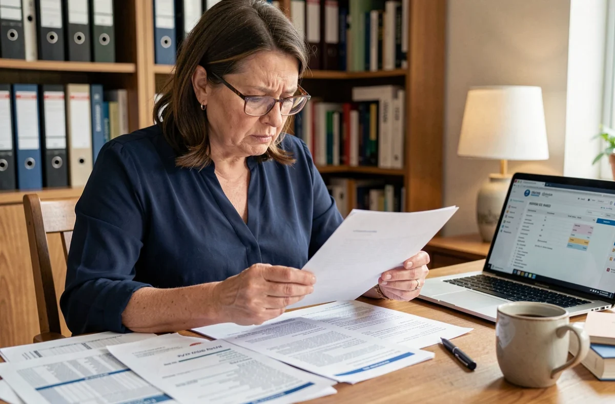 Femme d'âge mûr examinant des documents bancaires et relevés de compte à son bureau pour corriger une erreur de versement administratif