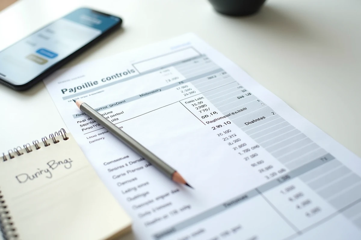Vue aérienne d'une fiche de paie française avec calculatrice smartphone et notes manuscrites sur un bureau blanc minimaliste
