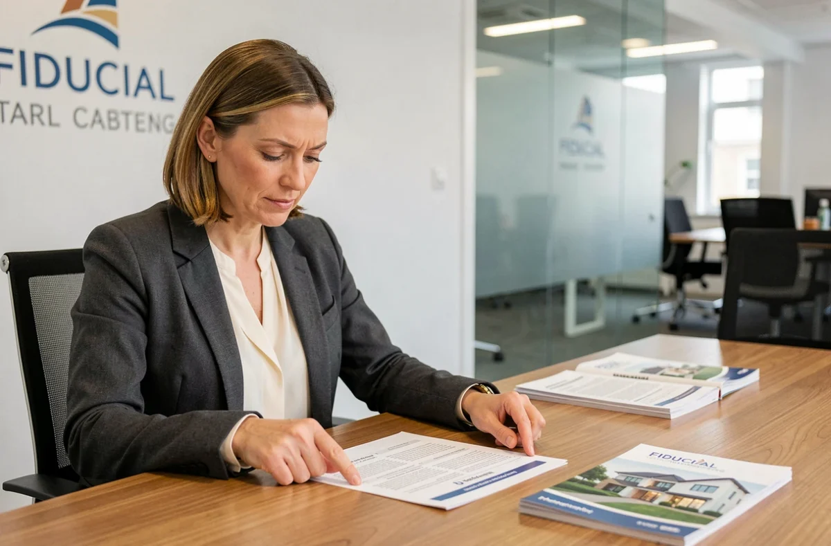 Conseillère patrimoniale Fiducial Conseil Caen présentant un rapport de gestion de patrimoine à un client