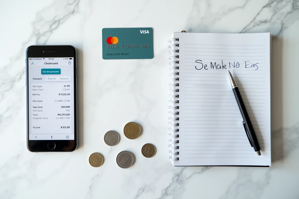 Vue de dessus d'une carte Mastercard Crédit Agricole avec un smartphone affichant les frais annuels et des pièces en euros sur marbre blanc