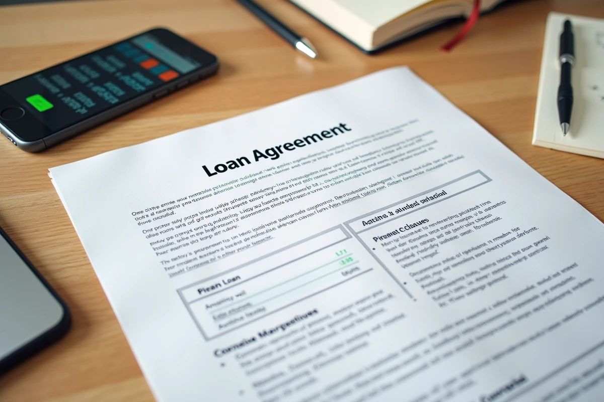 Vue aérienne d'un bureau avec un contrat de prêt trésorerie, smartphone et notes financières, illustrant les clauses à surveiller pour éviter un taux excessif