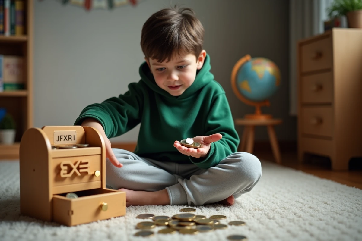 Garçon comptant des pièces de monnaie devant une caisse en bois pour enfant dans sa chambre