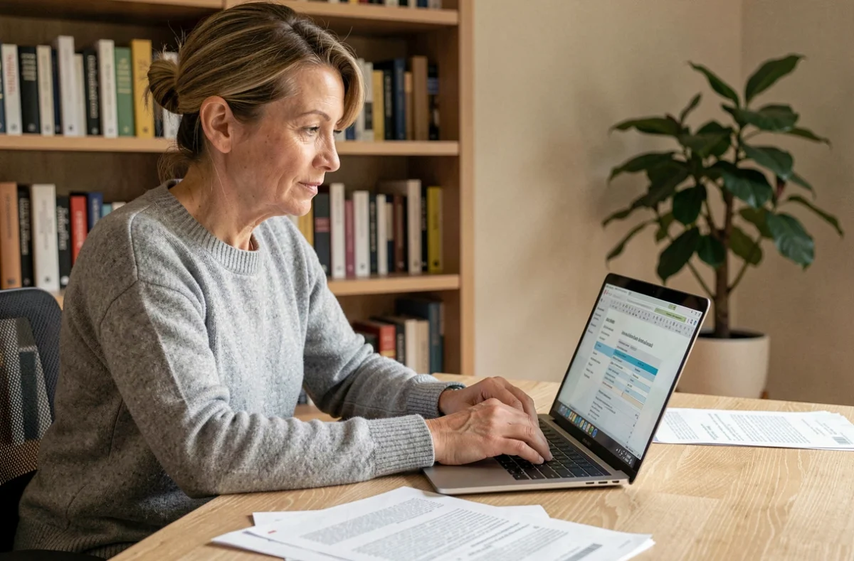 Femme gérant ses contrats d'assurance en ligne depuis son bureau à domicile avec un ordinateur portable