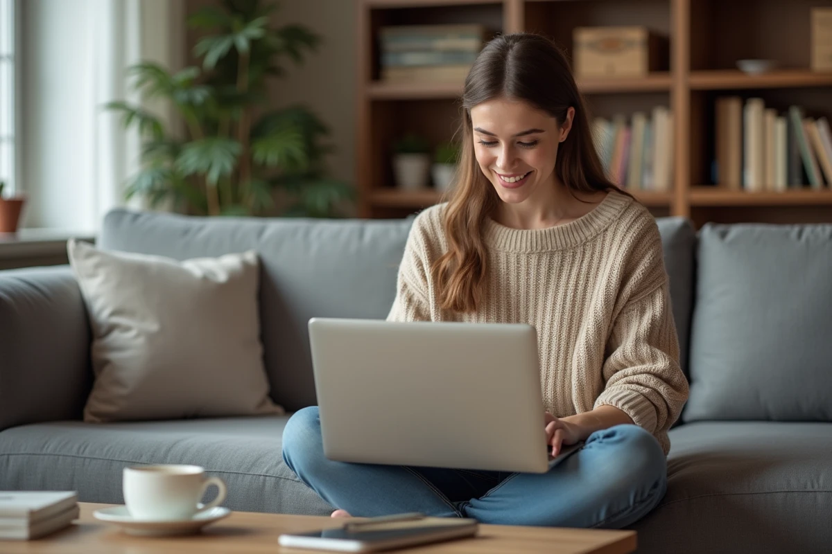 Jeune femme gérant ses contacts avec La Banque Postale en ligne depuis son domicile