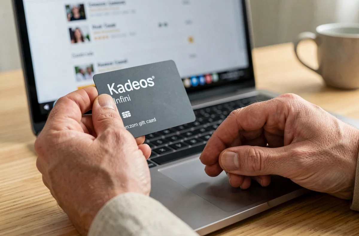 Gros plan sur des mains tenant une carte Kadeos Infini devant un écran Amazon ouvert sur un bureau en bois