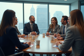 Groupe de professionnels en réunion dans un bureau moderne