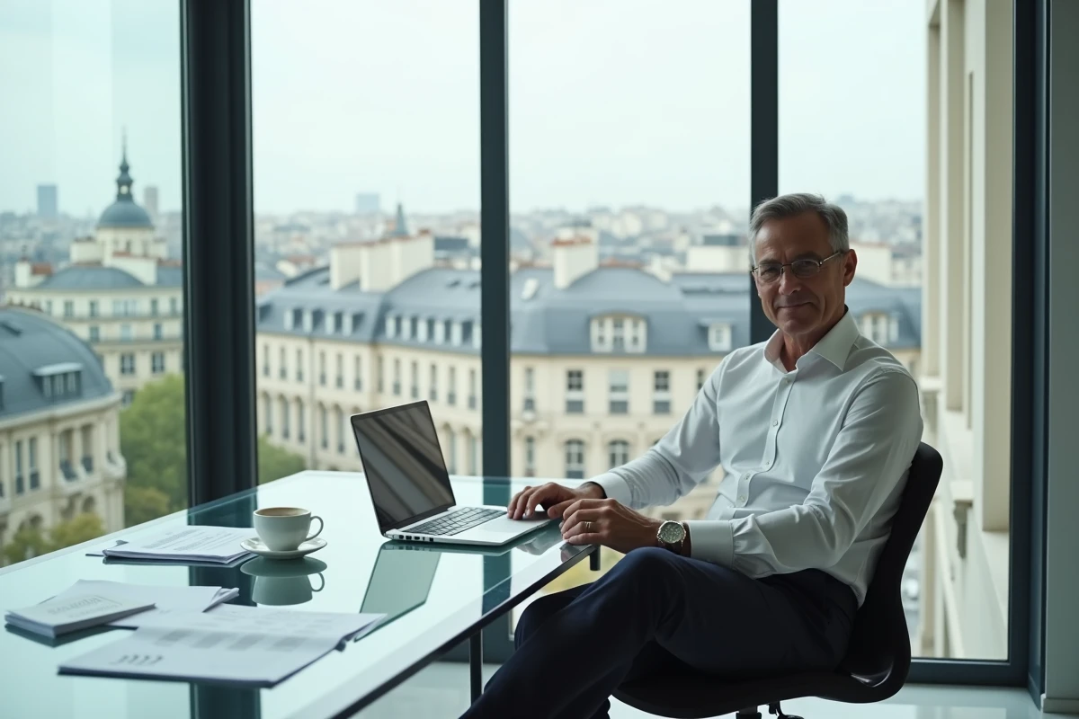 Homme d'affaires en bureau parisien moderne avec documents financiers, symbolisant la réussite économique dans le milieu médiatique