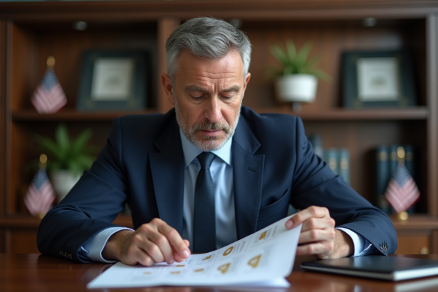 Homme d'affaires en costume bleu examinant des documents crypto