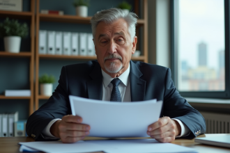 Homme d'affaires en costume relisant des documents dans un bureau