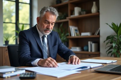 Homme d'affaires en costume bleu examine des documents immobiliers