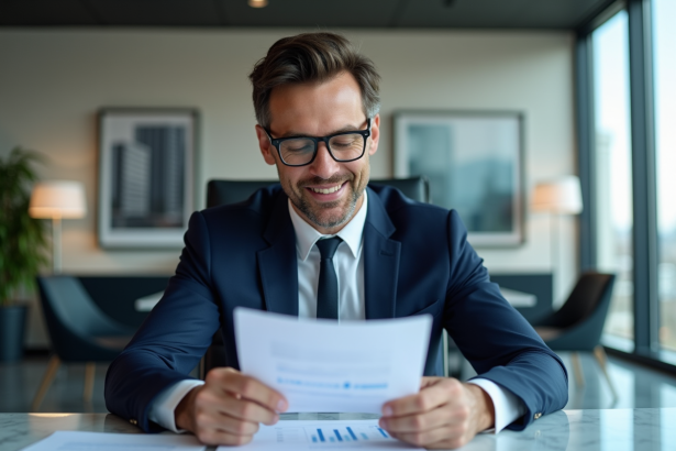Homme d'affaires en costume navy dans un bureau moderne