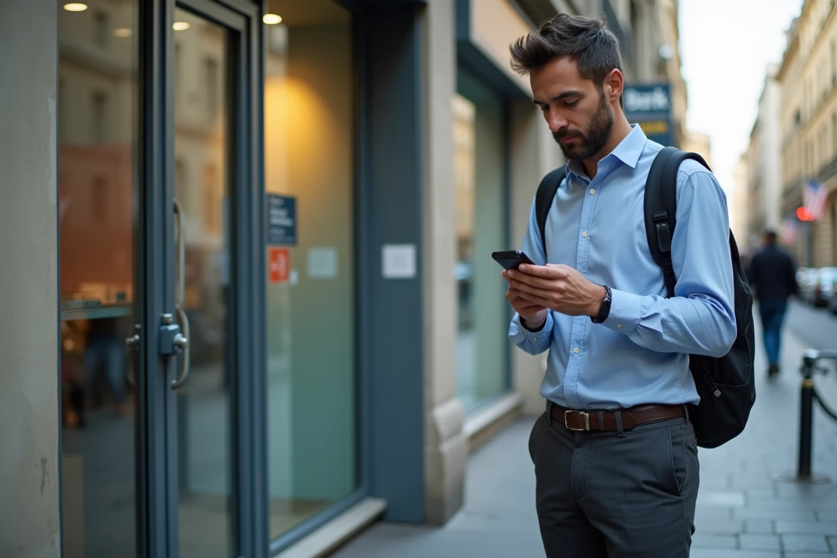 Homme hésitant devant une agence bancaire tout en consultant son téléphone pour les services en ligne LCL