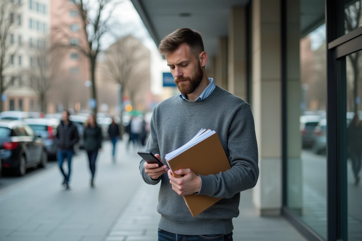 Homme devant une agence pour l'emploi consultant son téléphone avec un dossier de chômage sous le bras