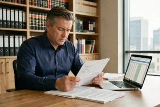 Homme lisant des avis et documents financiers sur la SCPI avant d'investir