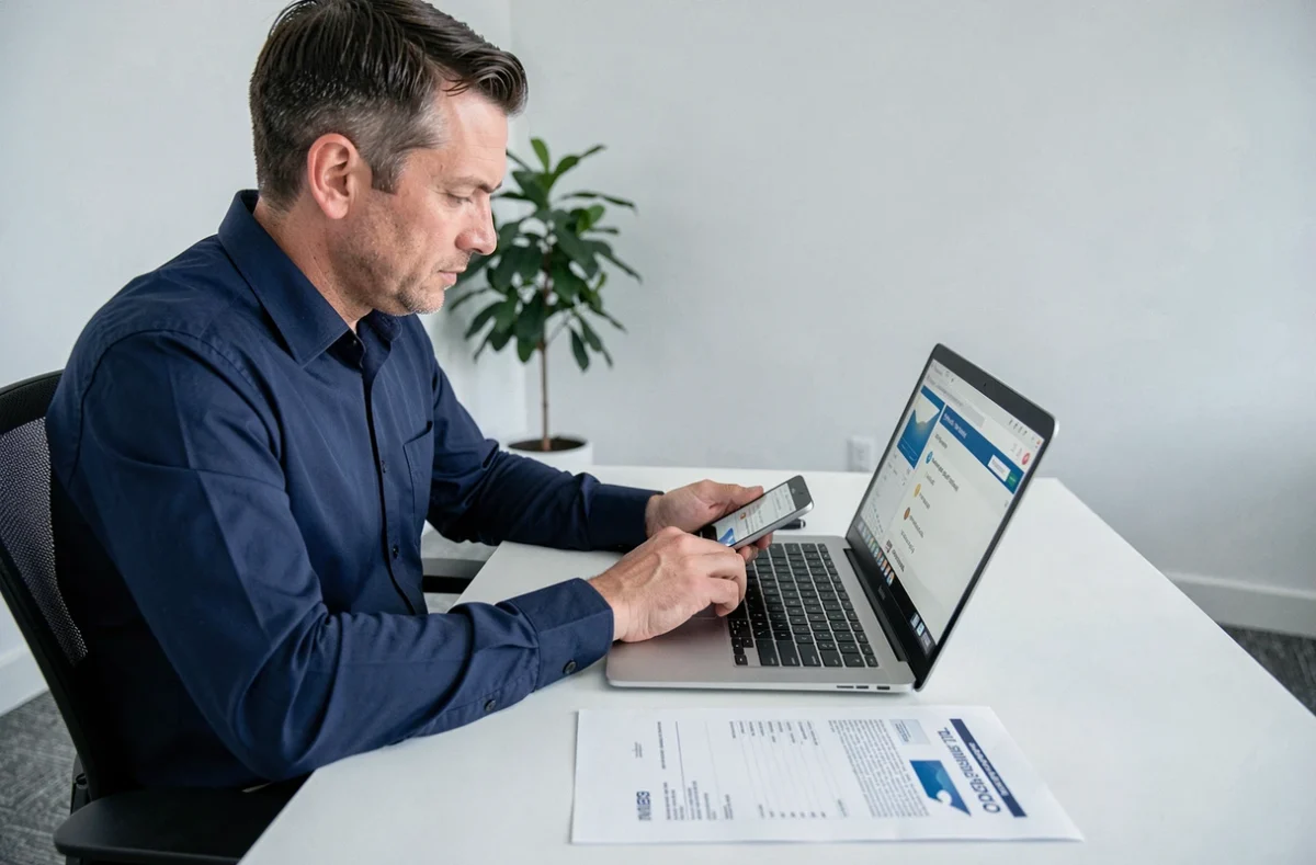 Homme analysant ses transactions bancaires en ligne sur un ordinateur portable avec un relevé papier