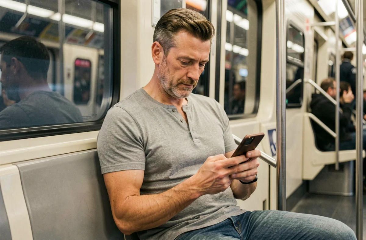 Homme consultant son application bancaire Banque Populaire Val de France dans les transports en commun
