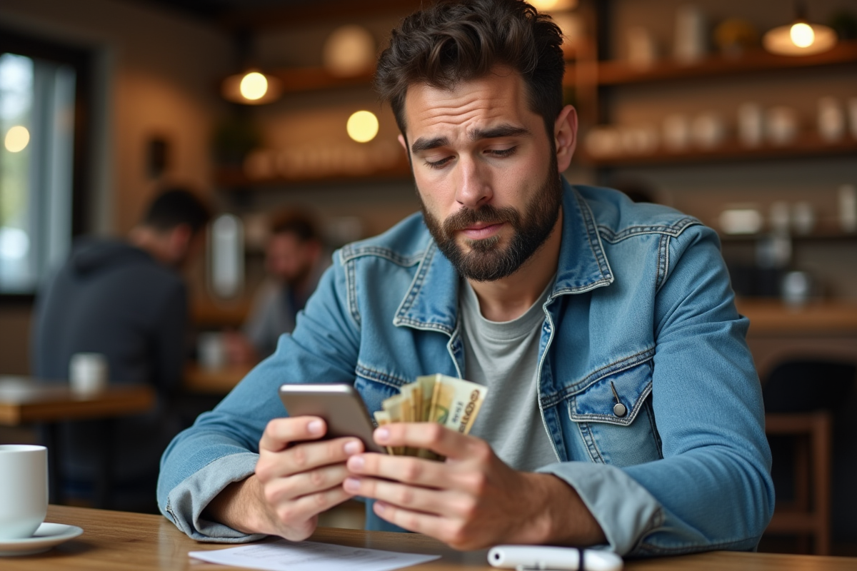 Homme comptant des billets dans un café européen