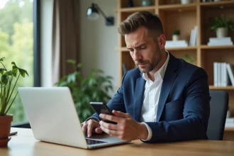 Homme en costume bleu travaillant sur ordinateur dans un bureau moderne