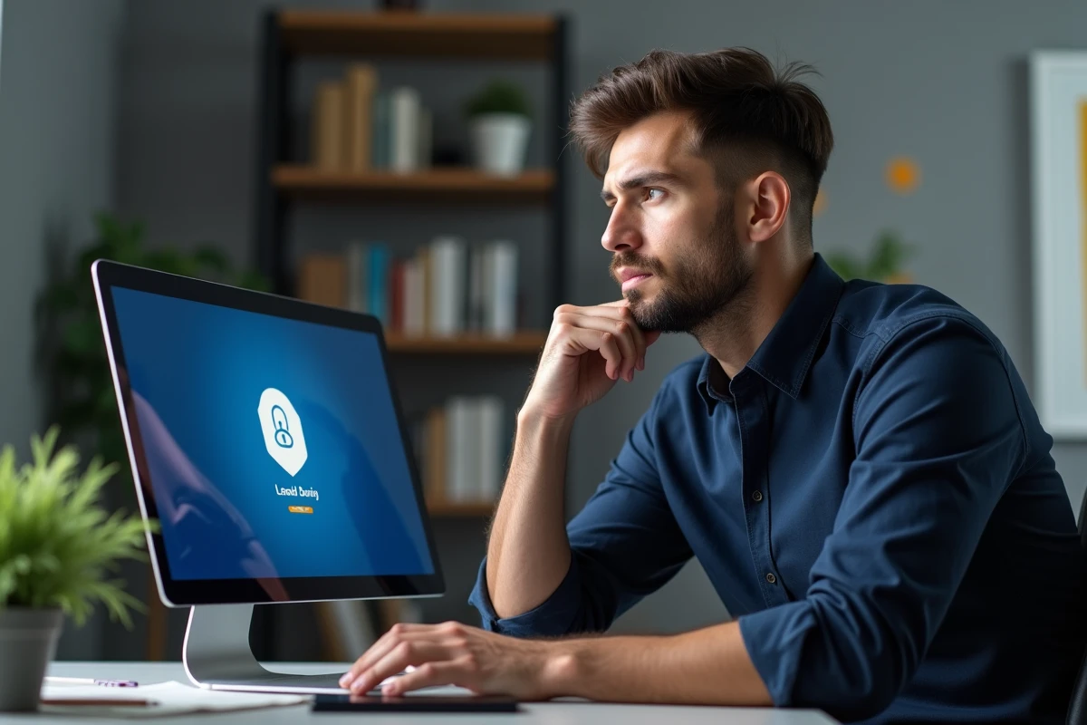 Homme devant un ordinateur portable affichant une erreur sur son application bancaire en ligne, vérifiant son compte depuis son bureau à domicile