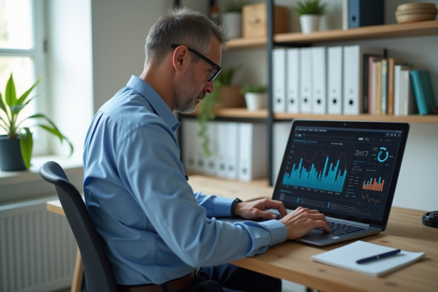 Homme d'âge moyen travaillant sur des graphiques financiers