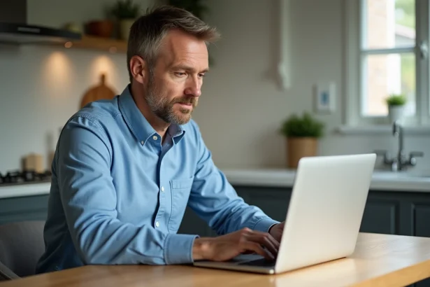 Homme d'âge moyen utilisant un ordinateur portable dans une cuisine lumineuse
