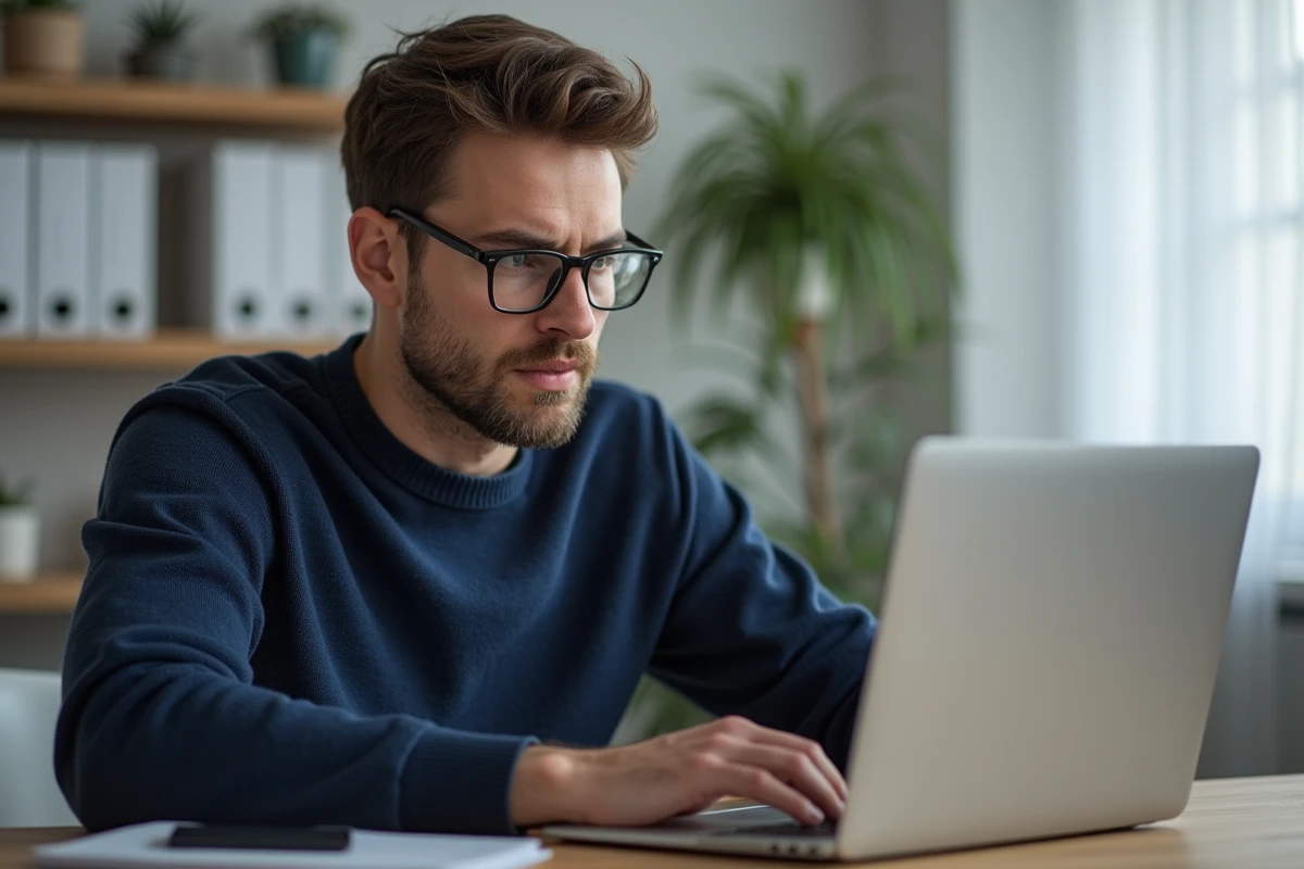 Jeune homme en bureau avec message d'erreur sur son écran