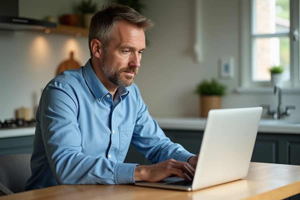 Homme d'âge moyen utilisant un ordinateur portable dans une cuisine lumineuse