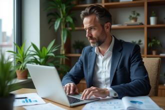 Homme d'affaires concentré à son bureau moderne