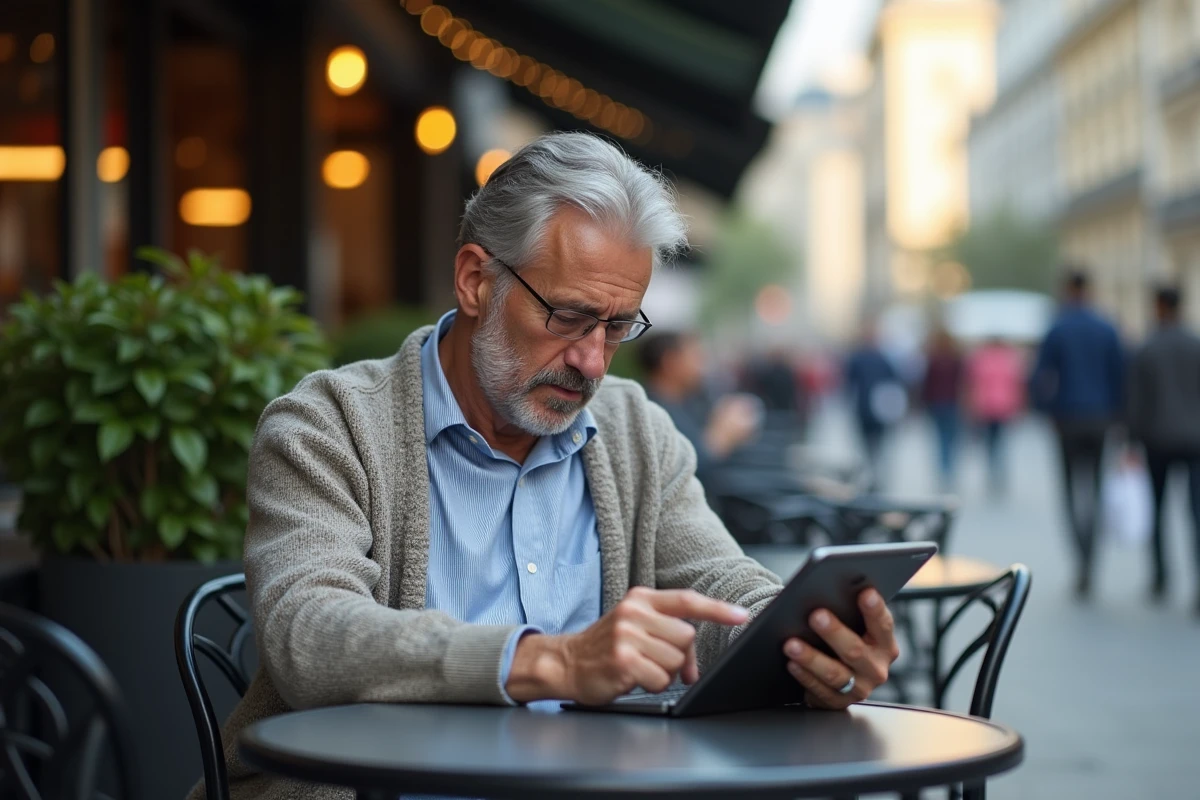 Homme au café étudiant des graphiques boursiers sur tablette