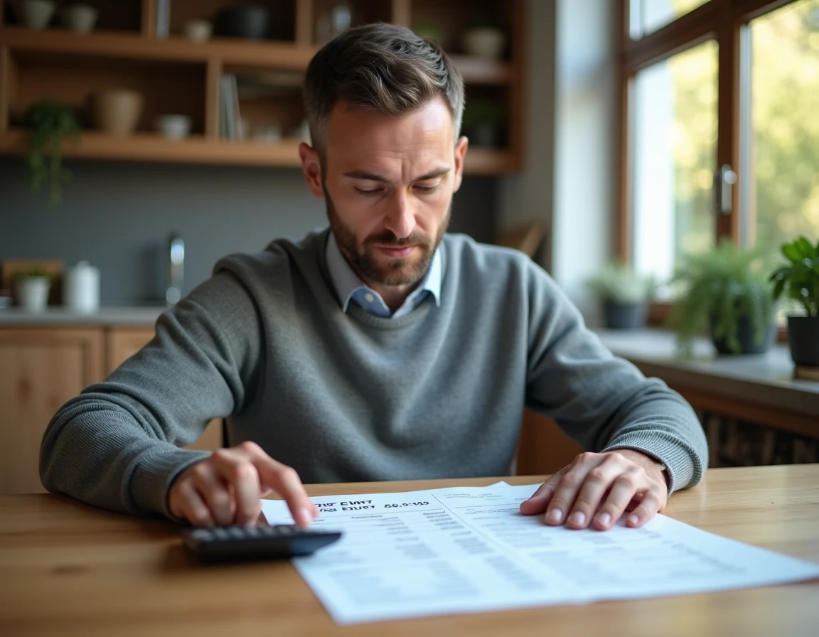 Homme vérifiant son salaire brut net avec calculatrice et documents de paie posés sur une table de cuisine