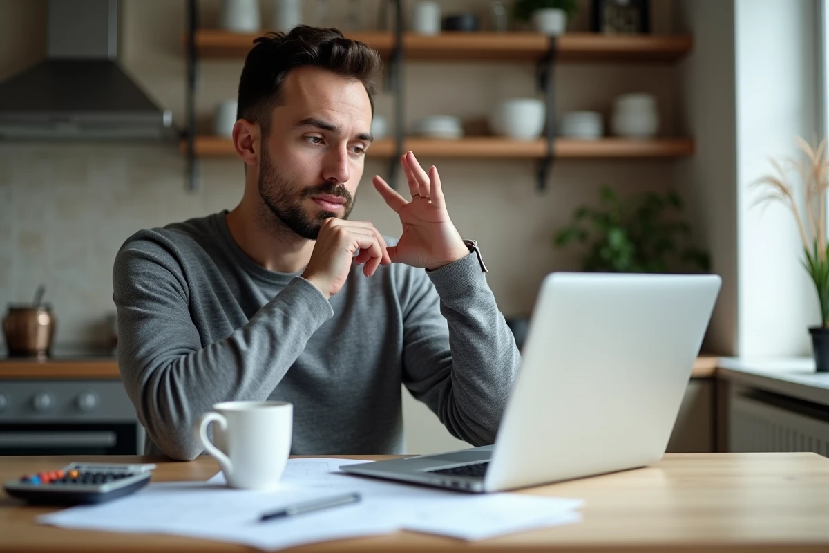 Homme calculant son salaire net à domicile avec une calculatrice et des documents financiers sur une table de cuisine