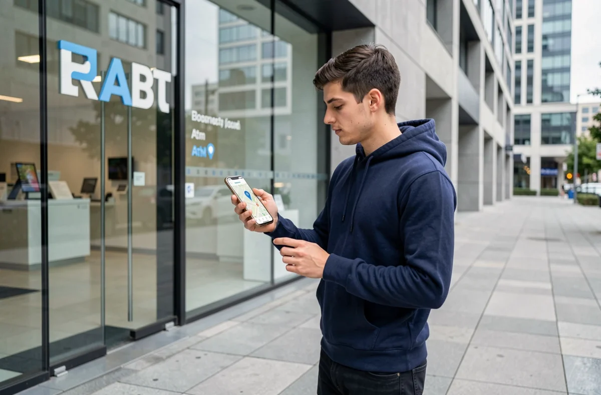 Homme cherchant un distributeur de billets proche sur une carte mobile devant une agence bancaire