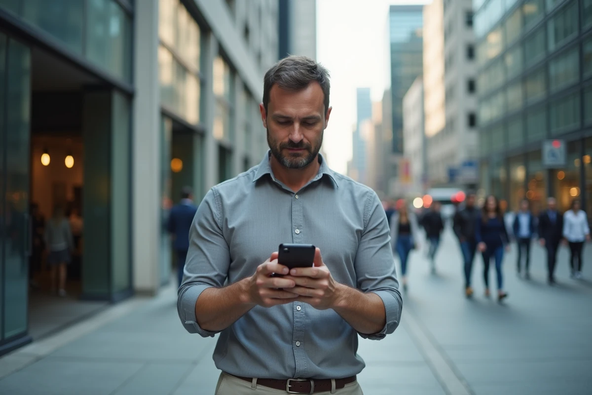 Homme consultant son application bancaire mobile en plein air dans un quartier d'affaires urbain