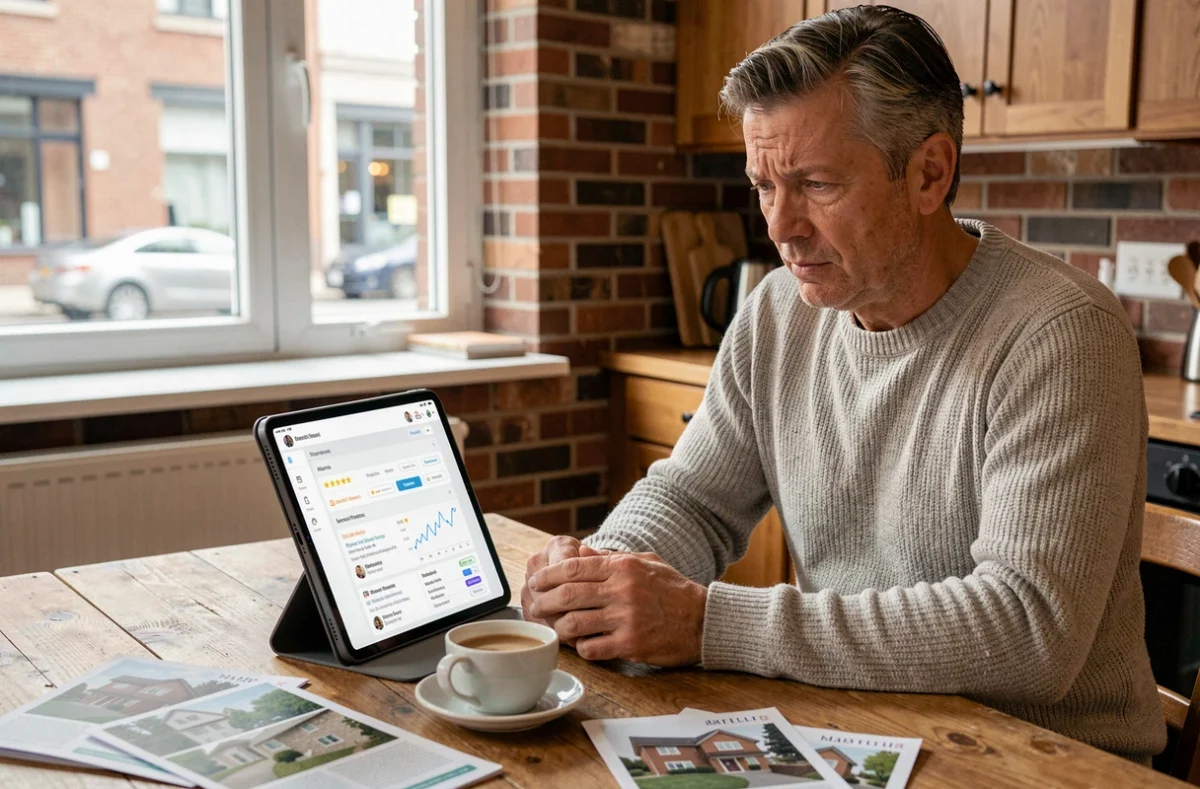 Homme consultant un portail de comparaison d'avis SCPI sur une tablette depuis son domicile