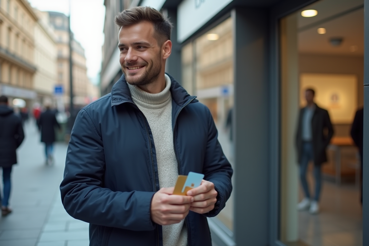 Jeune homme avec carte bancaire en extérieur
