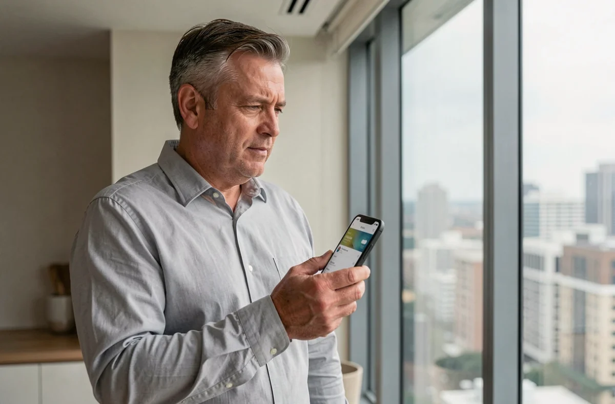 Homme consultant son espace client Banque Populaire Sud Ouest sur smartphone depuis son appartement