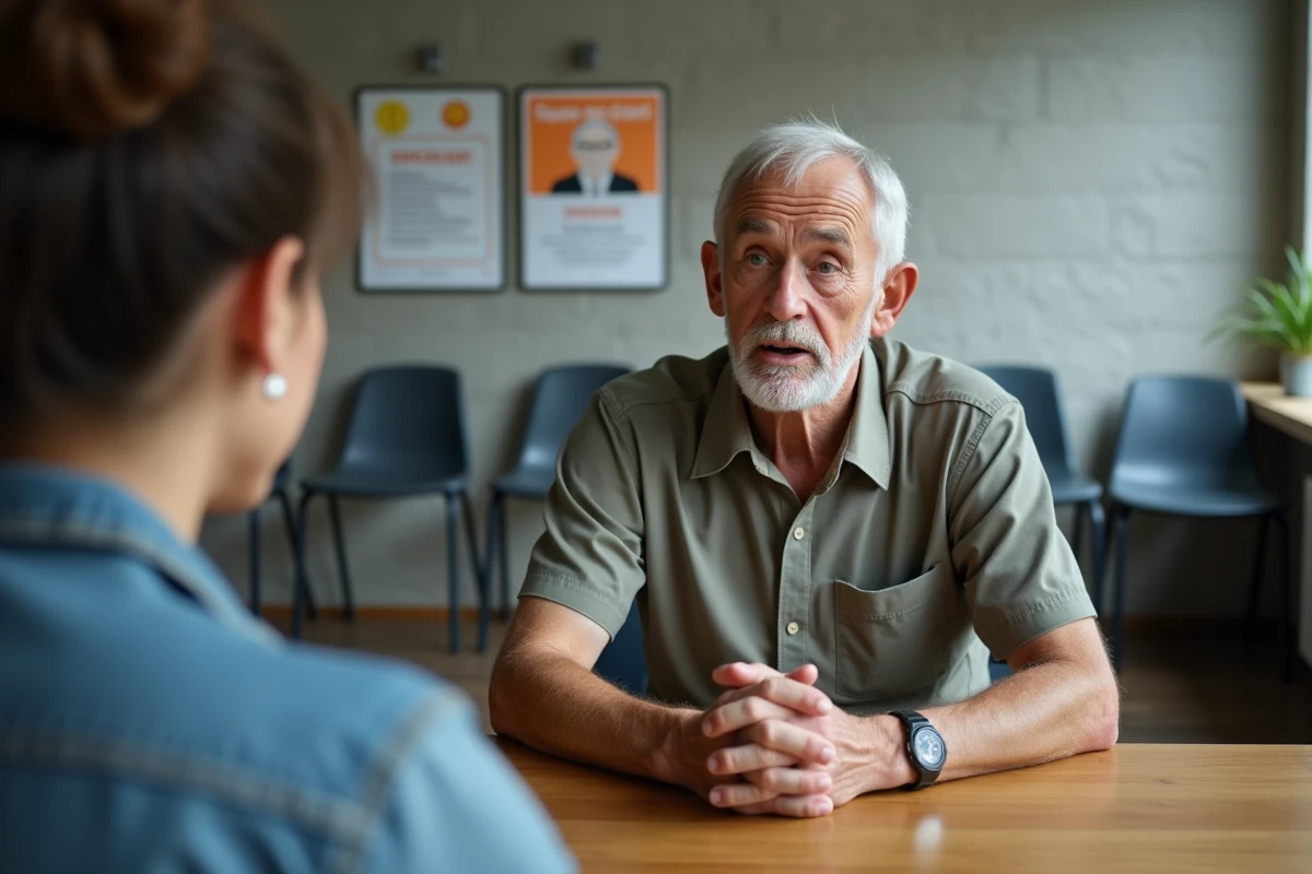 Homme âgé parlant avec un médiateur dans un bureau public